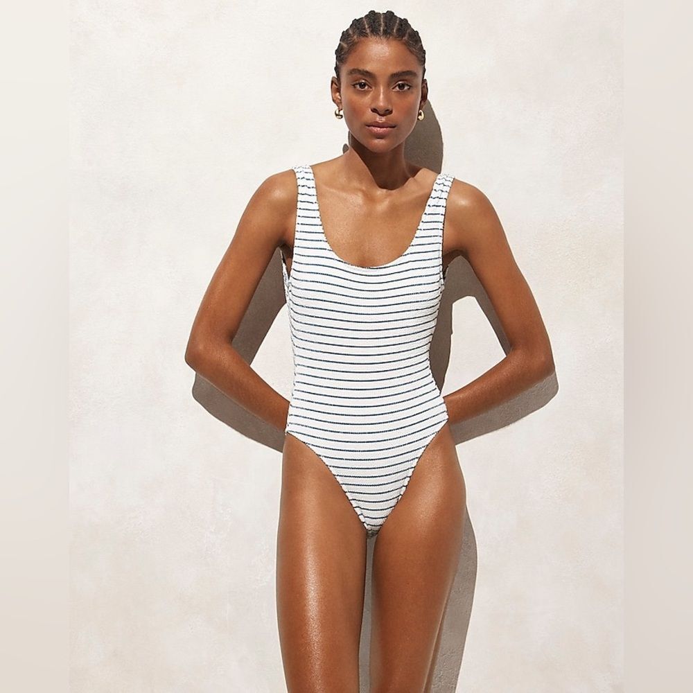 J. Crew White and Blue Striped Scrunchie One-Piece Swimsuit